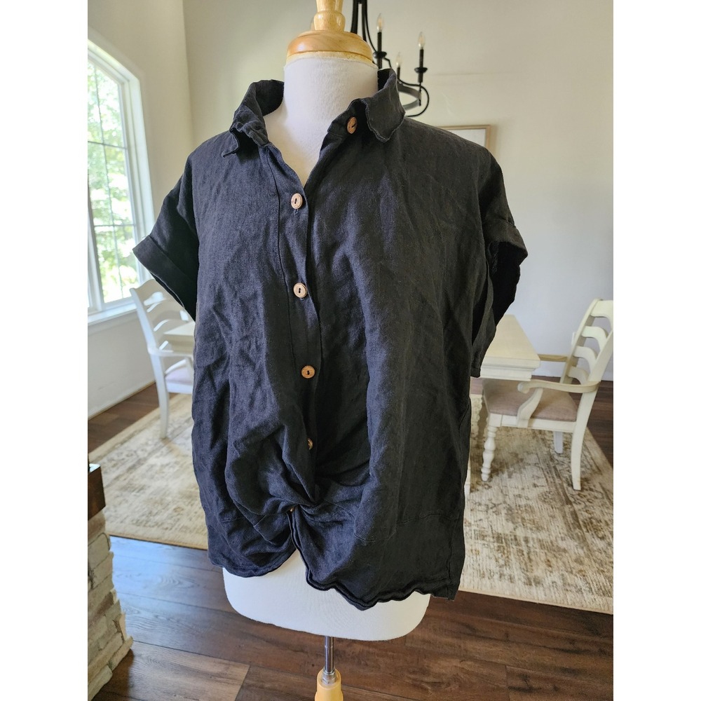 Le Paris Petit Black Linen Button Up Front Knot Short Sleeve Shirt XL USA Made